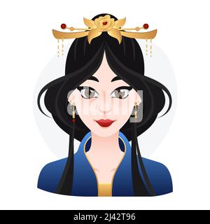 Cartone animato orientale bellissima donna. Capelli neri lunghi con corona sulla parte superiore. Illustrazione della principessa asiatica per il Web, il gioco o l'annuncio pubblicitario Illustrazione Vettoriale