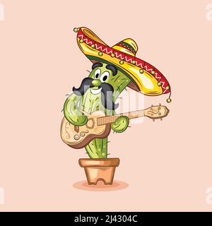 Concetto Cinco de Mayo. Il cactus carino con baffi e sombrero tiene la chitarra in mano. Il carattere della pianta suona lo strumento musicale. Biglietto di auguri per Illustrazione Vettoriale
