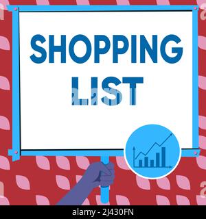 Visualizzazione concettuale della lista degli acquisti. Internet Concept Discipline Approach to shopping Basic ITEMS to Buy hand Holding Panel Board visualizzati ultimi Foto Stock