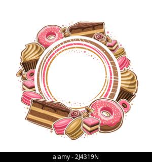 Cornice vettoriale per Patisserie con spazio copia, cartello decorativo con illustrazione di vari dessert, fetta di torta glassata, ciambella glassata color rosa, Illustrazione Vettoriale