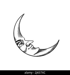 Schizzo esoterico boemo. Mezzaluna con un volto. Incisione vintage per adesivi tatuaggio, tarocchi o astrologia. Elemento mistico in stile boho Illustrazione Vettoriale