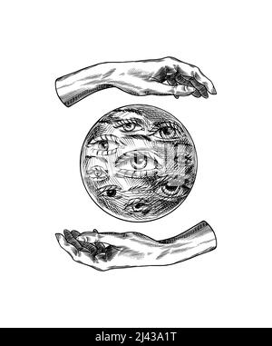Palla magica bohémien con gli occhi schizzo. Fortuna mani. Incisione vintage elemento occulto mistico esoterico in stile boho. Profilo di Doodle. Disegno a mano Illustrazione Vettoriale