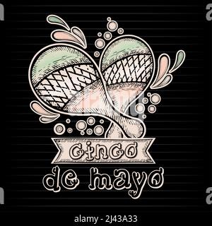 Disegno di un paio di maracas con ornamenti Cinco de mayo Vector vintage Illustrazione Vettoriale