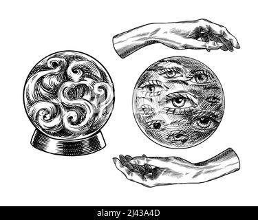 Palla magica bohémien con gli occhi schizzo. Fortuna mani. Incisione vintage elemento occulto mistico esoterico in stile boho. Profilo di Doodle. Disegno a mano Illustrazione Vettoriale