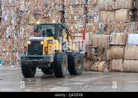 Macchinari pesanti che lavorano con carta riciclata in un impianto di riciclaggio industriale. Foto Stock