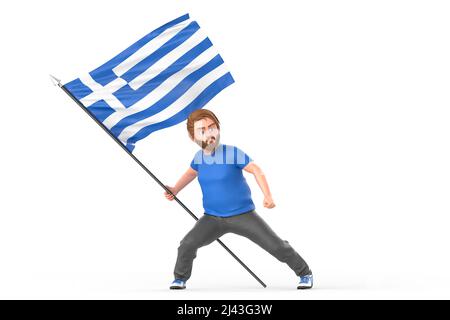Uomo orgogliosamente in mano bandiera della Grecia. Isolato su sfondo bianco. 3D rendering Foto Stock