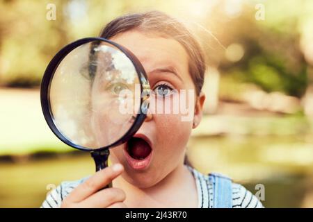 Curioso di conoscere il mondo. Ritratto di una bambina che guarda attraverso una lente d'ingrandimento in stupore. Foto Stock