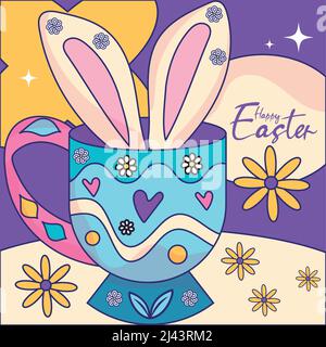 Coniglietto orecchie in una tazza decorata felice stagione di pasqua Vector Illustrazione Vettoriale
