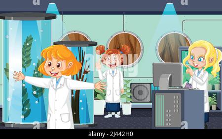 Laboratorio scientifico per esperimenti chimici con illustrazione di scienziato Illustrazione Vettoriale