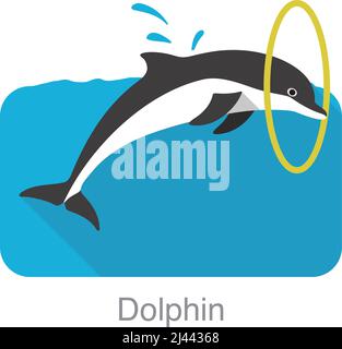 Delfino che saltano fuori dall'acqua attraverso il cerchio, illustrazione vettoriale Illustrazione Vettoriale