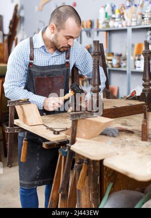 Carpentiere che ripara sedia antica Foto Stock