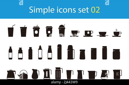 Set di icone per bevande, progettato per il Web e l'app, bollitore per bottiglie in vetro da tazza, illustrazione vettoriale Illustrazione Vettoriale