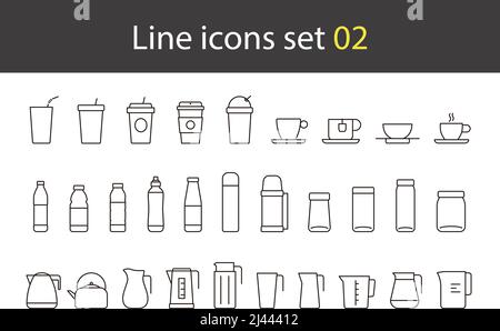 Set di icone per bevande, progettato per il Web e l'app, bollitore per bottiglie in vetro da tazza, illustrazione vettoriale Illustrazione Vettoriale