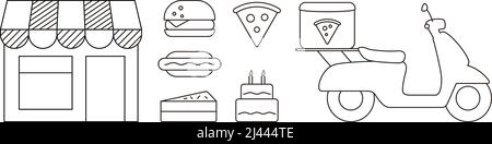 Acquista pizza, torta, hamburger, hot dog online, icona design Illustrazione Vettoriale