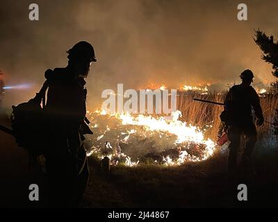 Texas state Forrest Service, Fredricksburg Task Force sciopero squadra vigili del fuoco, accendere un 'burn-out' controllato per gestire l'area di un grande incendio selvaggio 9 aprile 2022 presso la Joint base di San Antonio - campo Bullis zona demolizione gamma. JBSA-Camp Bullis comprende oltre 27.000 ettari di campi, aree di addestramento e terre selvatiche sul lato nord di San Antonio ed è un luogo di addestramento cruciale per i membri di servizio della Joint base di San Antonio. (STATI UNITI Air Force foto di Brian Boisvert) Foto Stock