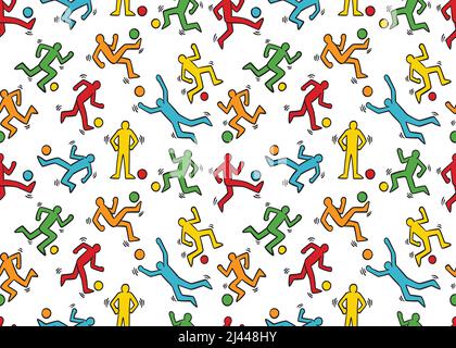 I giocatori di calcio Doodle hanno un pattern senza cuciture. Sfondo dell'illustrazione vettoriale. Illustrazione Vettoriale