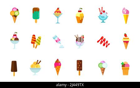 Set di icone dolci. Panna in cialda cono chock-gelato gelato in una ciotola di vetro Cupcake con ciliegia Strawberry dessert gelato su bastone Cream Carame Illustrazione Vettoriale