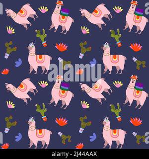 Simpatico modello senza cuciture di lama e cactus. Illustrazione vettoriale su sfondo blu. Illustrazione Vettoriale