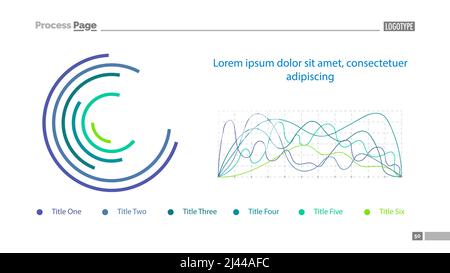 Modello di diapositiva per grafici a sei righe. Dati aziendali. Confronto, diagramma, ciambella. Concetto per infografica, presentazione, report. Può essere utilizzato per gli argomenti li Illustrazione Vettoriale