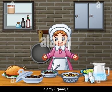 Cute donna allegra cucinare e preparare il cibo in cucina Illustrazione Vettoriale