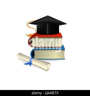 Immagine realistica del cappello di graduazione su libri e diploma. College, bachelor, università. Concetto di graduazione. Può essere utilizzato per argomenti come la scienza, l'educazione Illustrazione Vettoriale