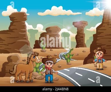 Fumetto cowboy e cowgirl con animali sulla strada del deserto Illustrazione Vettoriale