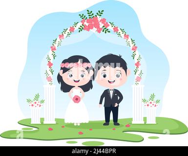 Coppia felice celebrare matrimonio o matrimonio cerimonia con belle decorazioni floreali all'aperto stanza in piano sfondo Cartoon stile Illustrazione Illustrazione Vettoriale