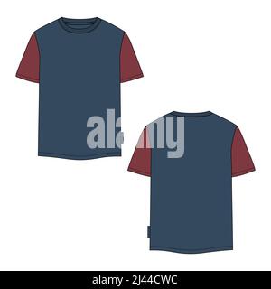 Due tonalità colore manica corta t shirt tecnica moda disegno flat vettore illustrazione blu Navy modello di colore vista frontale e posteriore Illustrazione Vettoriale