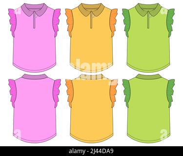 Multicolore Set di collezione Baby girls dress design tecnico Flat sketch vettoriale modello di illustrazione. Abbigliamento Mock up vista anteriore e posteriore Illustrazione Vettoriale