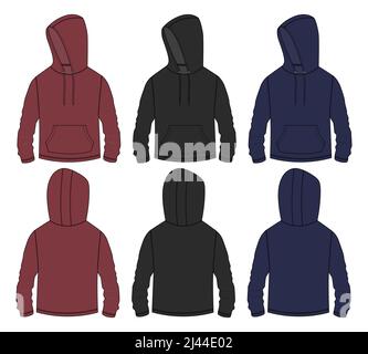 Hoodie multicolore Moda tecnica modello di disegno vettoriale di schizzo piatto Vista frontale e posteriore. Colore arancione e caffè Mock up isolato su bianco b Illustrazione Vettoriale