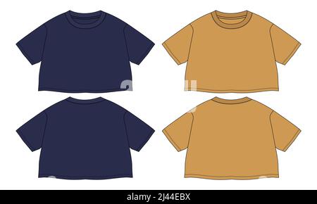 Navy, colore giallo manica corta T-shirt Top disegno di abito tecnica moda disegno piatto disegno vettoriale modello di illustrazione per bambine e Signore. Cotone Illustrazione Vettoriale