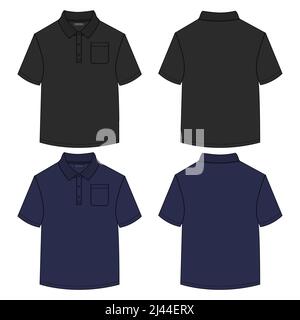 Polo tecnico moda flat sketch vettoriale illustrazione modello vista frontale e posteriore isolato su sfondo bianco Illustrazione Vettoriale