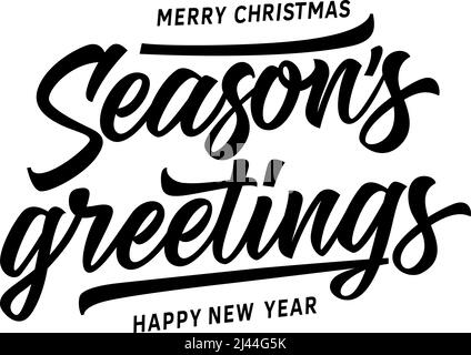 Allegro Natale e felice anno nuovo stagioni saluti scritta. Elemento di design per il nuovo anno. Testo scritto a mano e digitato, calligrafia. Per l'auto di benvenuto Illustrazione Vettoriale