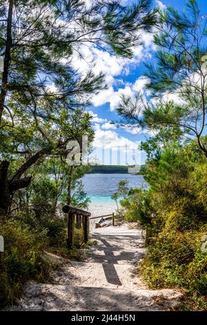 Le scale che conducono alla splendida spiaggia del lago McKenzie sulla Fraser Island nel Queensland, Australia Foto Stock