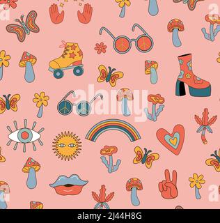 Motivo senza cuciture hippie in stile 60s-80s. Psichedelico, comico sfondo grovy. Illustrazione Vettoriale