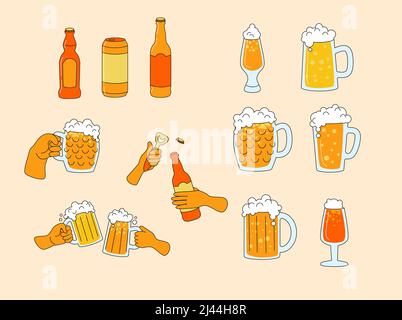 Adesivi per birra. Una collezione di bicchieri da birra, bottiglie, tazze, mani e apritoio. Utile per birreria, festival, bar, pub pubblicità o menu. Illustrazione Vettoriale