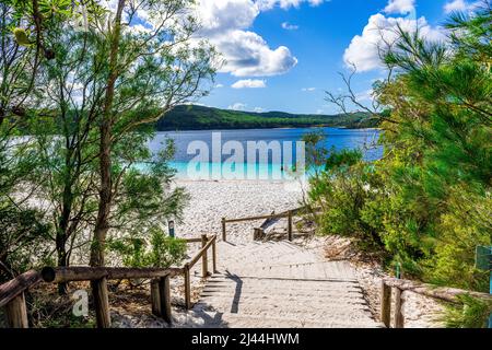 Le scale che conducono alla splendida spiaggia del lago McKenzie sulla Fraser Island nel Queensland, Australia Foto Stock