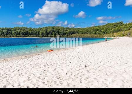 I turisti nuotano nelle acque cristalline del lago McKenzie sull'isola di Fraser nel Queensland, Australia Foto Stock