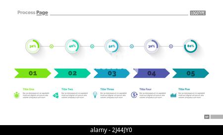 Modello di diapositiva grafico in percentuale con cinque opzioni. Dati aziendali. Freccia, diagramma, disegno. Concetto creativo per infografica, presentazione. Può essere utilizzato per t. Illustrazione Vettoriale