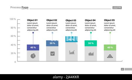 Modello di diapositiva grafico a barre a cinque colonne. Dati aziendali. Percentuale, confronto, design. Concetto creativo per infografica, presentazione, report. Può essere u Illustrazione Vettoriale