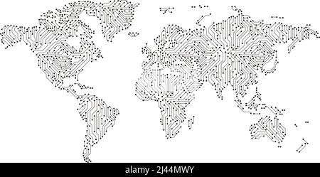 Rete Internet mondiale con circuito stampato. Background delle comunicazioni sociali. Mappa della terra. Illustrazione vettoriale Illustrazione Vettoriale