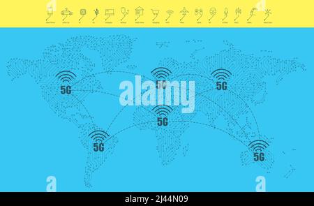 Sistemi wireless di rete mobile di 5G 5th generazione nel mondo. Tecnologie wireless e reti mobili Illustrazione Vettoriale