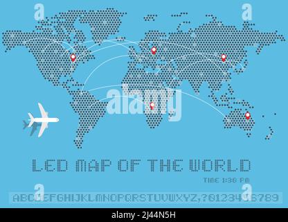 Mappa del mondo di punti, mappa della linea aerea, alfabeto inglese a lettere maiuscole, numero, illustrazione vettoriale Illustrazione Vettoriale