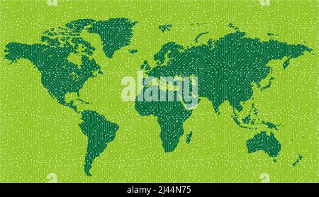 Rete Internet mondiale con circuito stampato. Background delle comunicazioni sociali. Mappa della terra. Illustrazione vettoriale Illustrazione Vettoriale