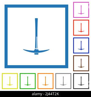 Icone a colori piatte a piccone singolo in cornici quadrate su sfondo bianco Illustrazione Vettoriale