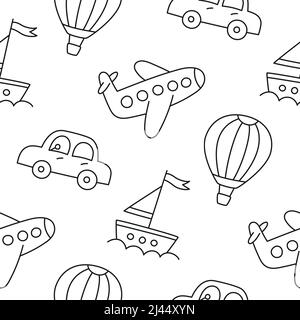 Ripetizione senza giunture con disegni figli. I bambini fanno un giro in mongolfiera. Sole, aquilone e arcobaleno sorridenti disegnati a mano. Modello infantile. Cute texture del bambino Illustrazione Vettoriale