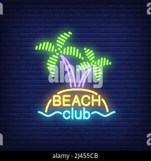 Beach club, lettere e cocktail e isola con palme. Cartello al neon su sfondo mattone. Bar, ristorante, resort estivo. Concetto di vacanza estiva. Per t. Illustrazione Vettoriale