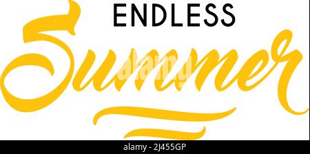 Modello pubblicitario stagionale estivo infinito. Il testo digitato e calligrafico può essere utilizzato per biglietti d'auguri, poster, volantini, striscioni. Illustrazione Vettoriale