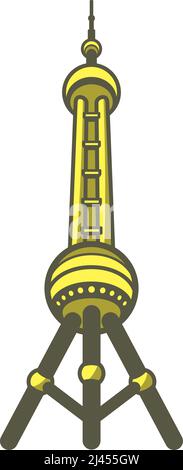 Oriental Pearl TV Tower, Shanghai, famoso punto di riferimento design icona piatta, famoso punto panoramico Illustrazione Vettoriale