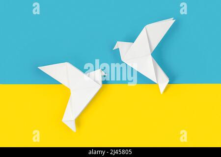 Due carta origami bianca colomba sui colori della bandiera dell'Ucraina. Il concetto di pace tra due stati. Simbolo di pace su sfondo blu e giallo. Foto Stock